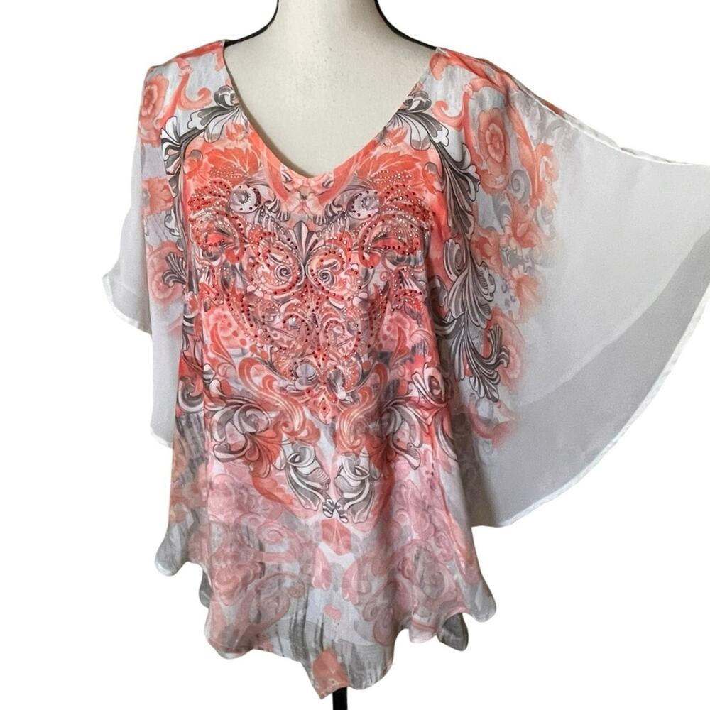 VTG Y2K Fairy Coral Pink Paisley Bling Batwing Sleeve Overlay Poncho Top XL